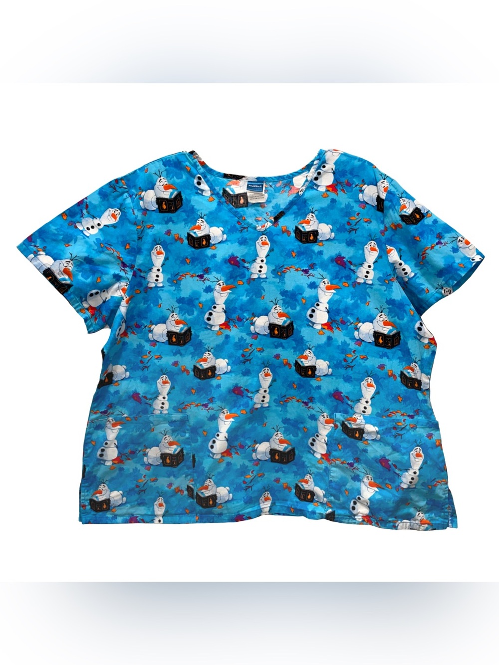 Disney Frozen Olaf Reading Fall Autumn Leaf Scrub Top 2XL Medic Nurse Dentist